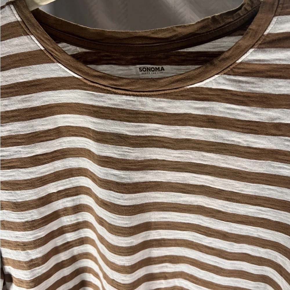 Kohl's SONOMA Brown and White Striped Knit LONG TEE Top LIKE NEW - Picture 2 of 6